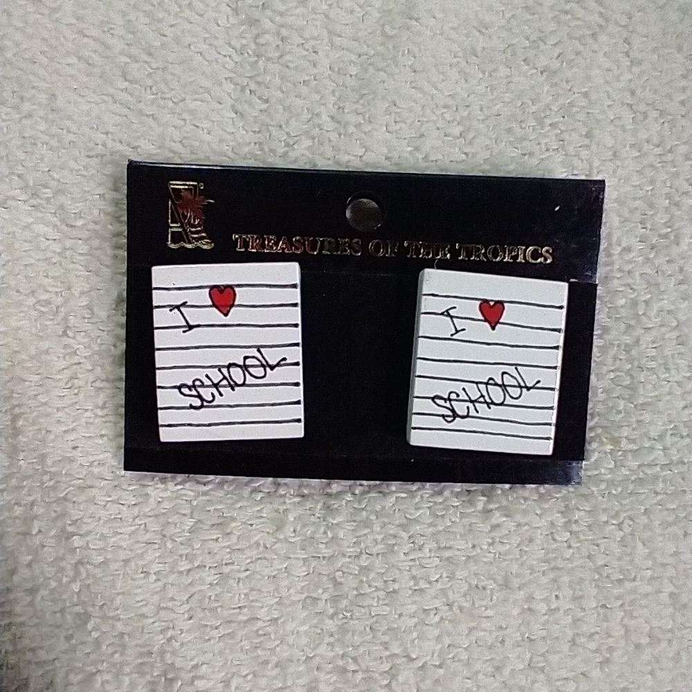 Treasures of the topics I love school Square white goldtone pierced earrings